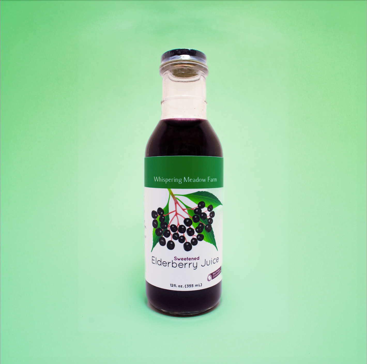 Product Image: 12 fluid ounces of bottled Sweetened Elderberry Juice.