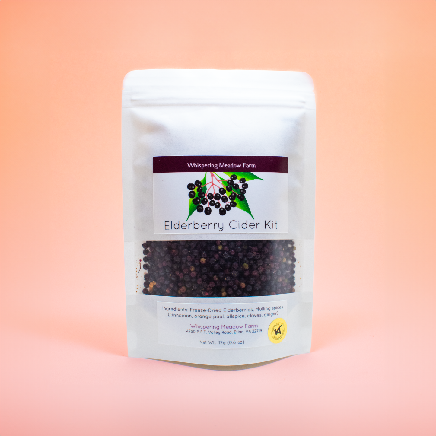 0.6 ounce bag of Elderberry Cider Kit. Ingredients: Freeze-Dried Elderberries, Mulling Spices, (cinnamon, orange peel, allspice, cloves, and ginger)