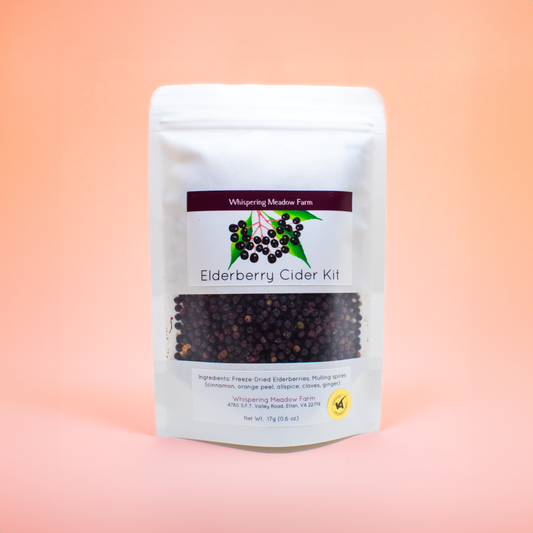 0.6 ounce bag of Elderberry Cider Kit. Ingredients: Freeze-Dried Elderberries, Mulling Spices, (cinnamon, orange peel, allspice, cloves, and ginger)