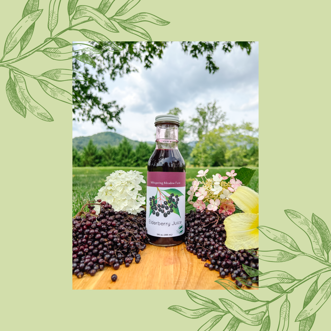 Bottled Elderberry Juice product image surrounded by flowers and fresh berries with Blue Ridge Mountains in background.