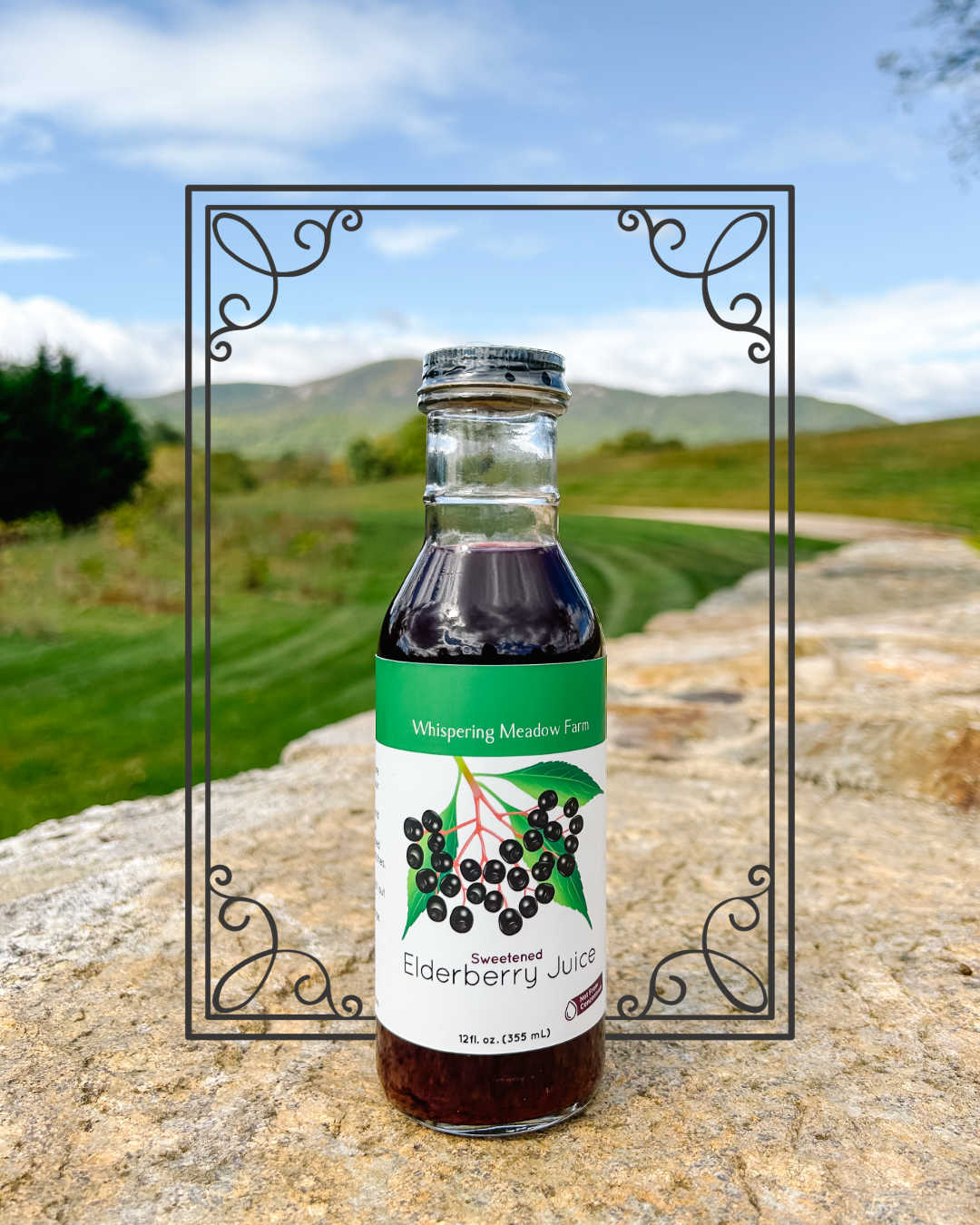 Product Image: Sweetened Elderberry Juice bottle sitting on rock with fields and Blue Ridge Mountains in background.