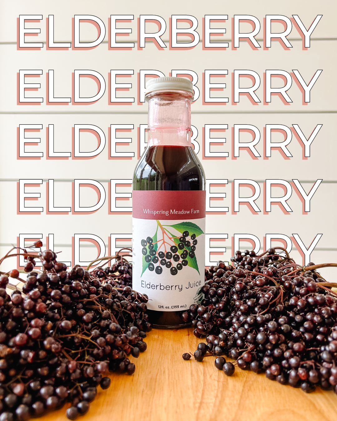 Elderberry Juice Product Image surrounded by Fresh Elderberries