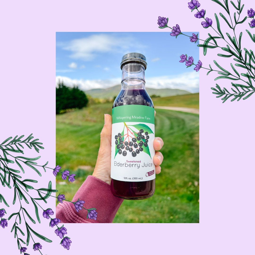 Product Image of a hand holding a bottle of Sweetened Elderberry Juice.