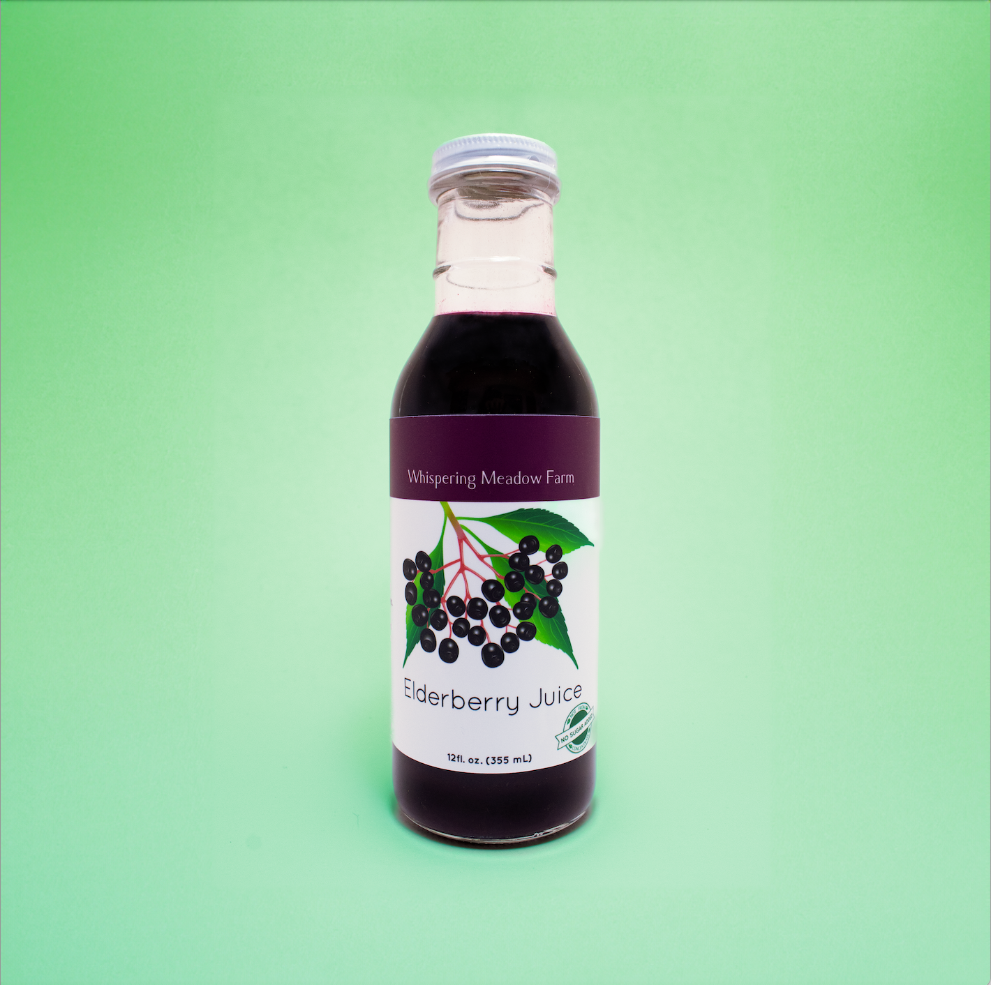 Product Image. 12 fluid ounces of bottled Elderberry Juice. 