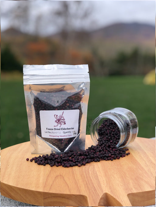 Product Image: 1 ounce bag of FreezeDried Elderberries and an overflowing mason jar of freeze-dried elderberries.