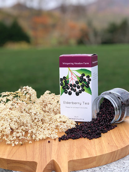 Elderberry Tea Box with Elderflowers and Elderberries placed around.